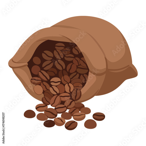 Fresh roasted coffee beans spilling from burlap sack, rich aroma and taste