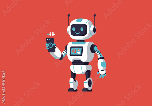 A friendly, futuristic white robot character holding a smartphone and using a voice command.