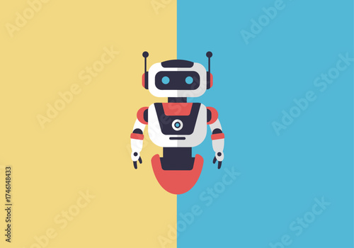 A friendly, cartoonish robot with antennas and glowing blue eyes floats against a split background of yellow and blue, representing technology and artificial intelligence.