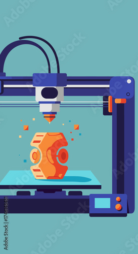 A 3D printer precisely fabricating an intricate, multi-faceted geometric object layer by layer with glowing particles emanating from the printing nozzle.