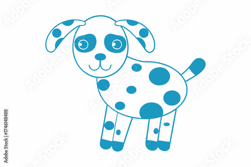 Playful cartoon dog outlined in blue with round spots stands happily against a white background