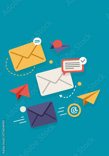 A vibrant illustration depicting various envelopes, paper airplanes, and communication symbols on a teal background, symbolizing digital messaging and interaction.