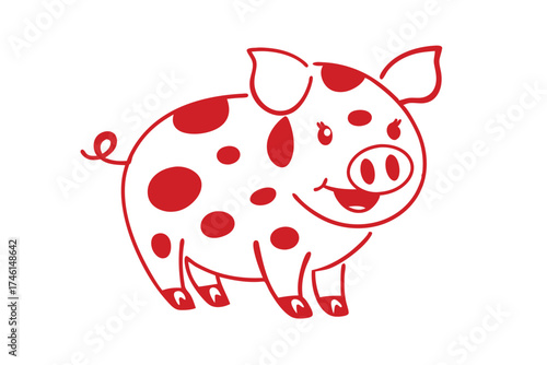 Playful red outline pig with spots smiles on a white background cheerfully