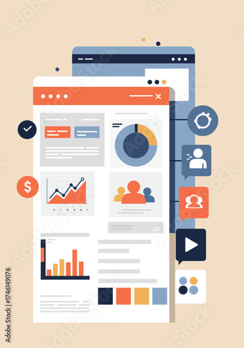 A digital illustration of a website interface displaying data charts and user interaction icons.