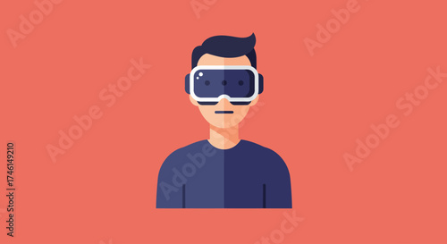 A flat vector illustration of a young man wearing a virtual reality headset against a plain red background.