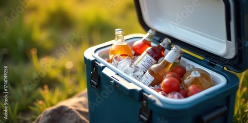 Stylish Modern Cooler Packed with Ice and Drinks, Ready for Outdoor Adventures ? Camping, Picnics, Tailgating