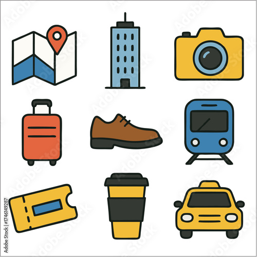 Flat Icon Set, City Trip Travel Icons with Bold Black Outlines