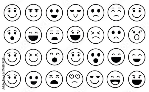 Collection of hand drawn smiley face emoticons expressing various emotions
