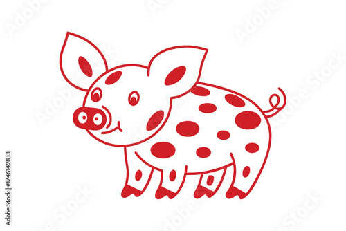Smiling red spotted pig animal is looking forward with a curly tail on white