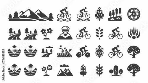 Nature adventure icons symbolizing outdoor activities like cycling, farming, and mountain exploration