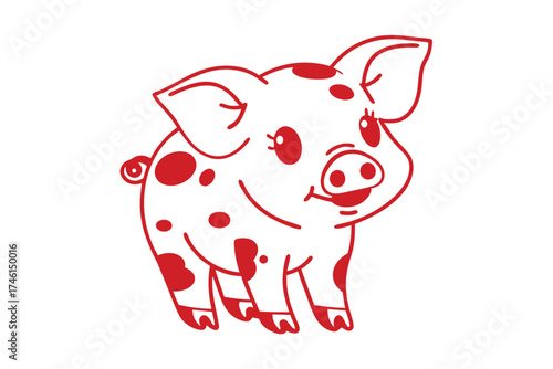 Spotted pink pig outline with a cheerful expression stands, a minimalist isolated vector