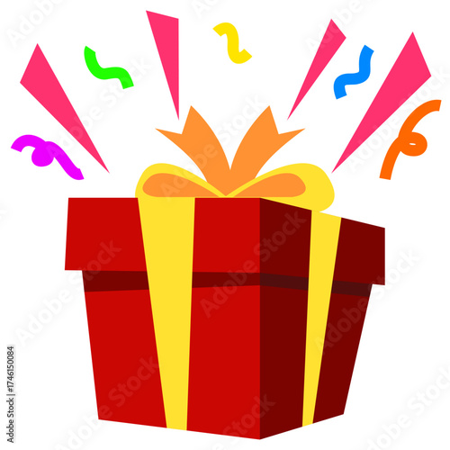 The gift is wrapped in a red box and tied with a yellow ribbon with confetti behind it