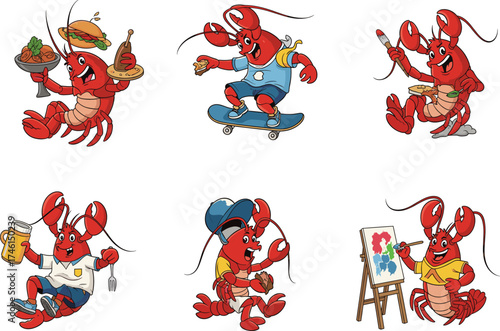 Funny cartoon lobster characters doing activities, cute red crustacean animals cooking, painting, drinking, and skateboarding, marine seafood vector illustration for ocean theme design