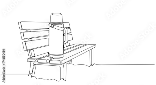 Coffee thermos on snow bench in linear black and white style