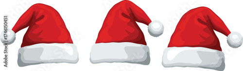 Set of red Santa hats vector illustration, Christmas holiday decoration design, festive winter accessory collection, seasonal celebration costume symbol graphic art