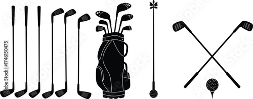 Golf clubs and bag vector illustration, black silhouette sports equipment design, professional golf accessories set with crossed clubs, ball and tee graphic art