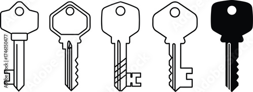 Set of metal keys vector illustration, black and white security symbol design, locksmith concept, door access and protection equipment graphic art