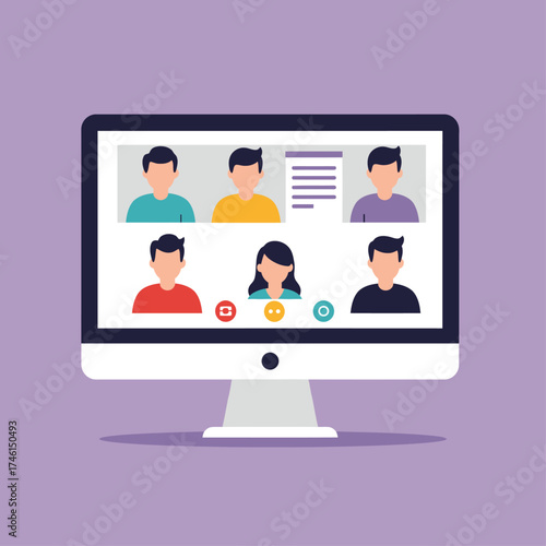A computer monitor displays a video conference with multiple participants in a grid layout, illustrating remote communication and collaboration.