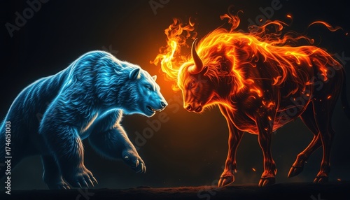 Powerful blue ice bear confronts fiery burning bull in dramatic dark fantasy battle
