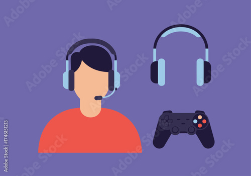 Stylized illustration of a person wearing a headset, accompanied by a game controller and a separate pair of headphones, against a purple background.