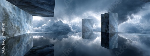 Abstract Futuristic Landscape with Geometric Structures and Reflective Water Under Dramatic Sky