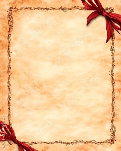 Aged Parchment With Ornate Border And Red Ribbon Corners On A Textured Background