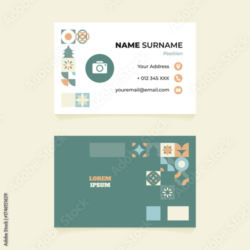Modern business card template with a clean geometric mosaic pattern on retro style, perfect for creatives