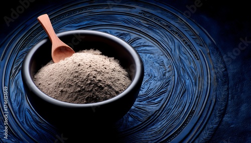 Close Up Of A Dark Bowl Filled With Rice And A Wooden Spoon In A Dramatic Studio Light Setting
