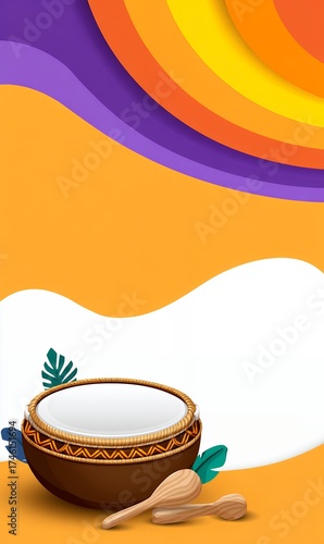 Drum with Mallets and Tropical Leaves on Orange Background with Purple Orange and Yellow Waves