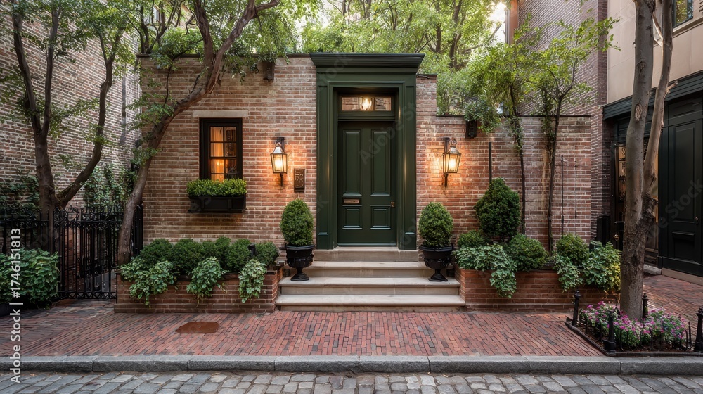 Obraz premium Charming residential entrance with lush greenery and classic brick exterior in a serene urban setting