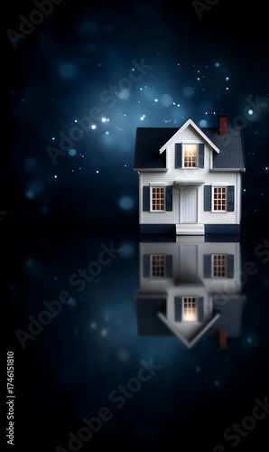 Illuminated Miniature House Reflecting On A Dark Surface With Bokeh Lights