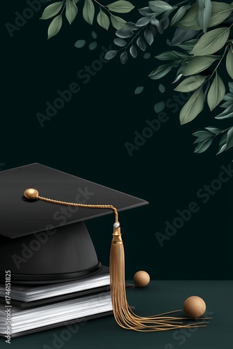 Graduation Cap Resting on Books with Gold Tassel and Botanical Accents on Dark Background