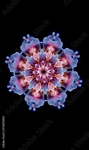 Intricate Floral Mandala Pattern With Blue Purple Pink Hues And Bright White Edges On Black Background