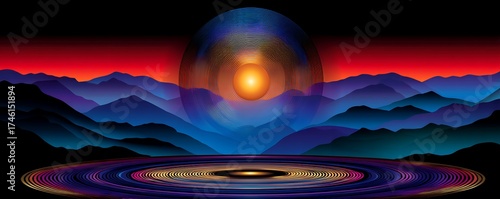 Psychedelic Digital Sunset Over Pixelated Mountains and Reflecting Water