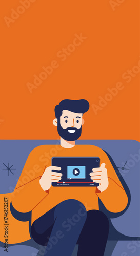 A bearded man in an orange sweater sits on a blue couch, holding a tablet displaying a video player interface with a play button.