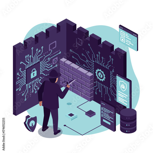 A hacker in black attempts to breach a digital firewall, an isometric concept of cybersecurity and cyber attack.