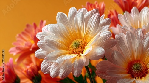 Vibrant White and Orange Chrysanthemums with Fresh Water Droplets on a Warm Background