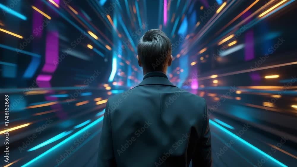 Man suit futuristic tunnel neon light motion blur colorful technology dynamic energetic glowing blue orange immersive sci fi atmosphere standing back camera vibrant motion blur effect