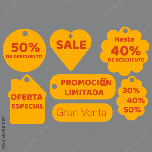 Set of Yellow Promotional Stickers with Spanish Discount Texts for Spanish-speaking Stores