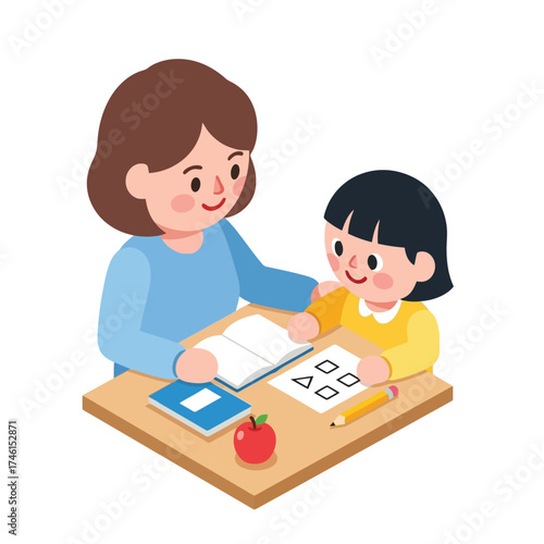 Loving mother helping daughter with homework at desk in bright room