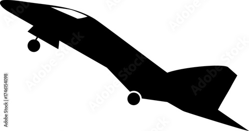 Silhouette of a jet airplane taking off with its landing gear visible against a white/transparent background space 100