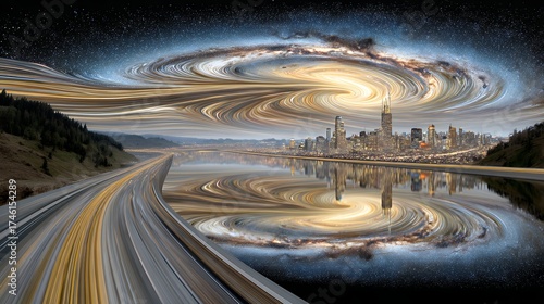 Surreal Cosmic Cityscape With Reflecting Galaxy And Highway At Night