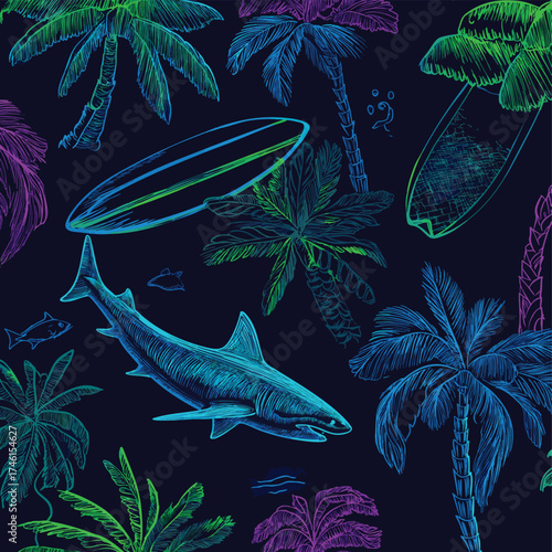 Summer seamless pattern design. Palm tree, surfboard, shark vector print. neon green blue background