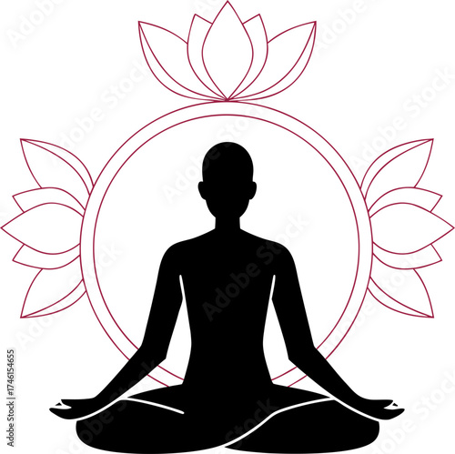Silhouette of a person meditating in lotus pose with lotus flowers