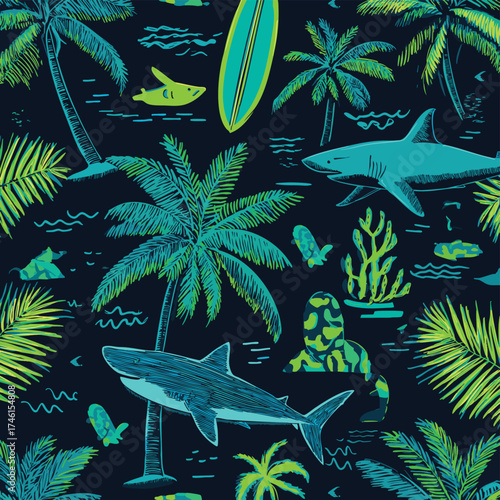 Summer seamless pattern design. Palm tree, surfboard, shark vector print. neon green blue background