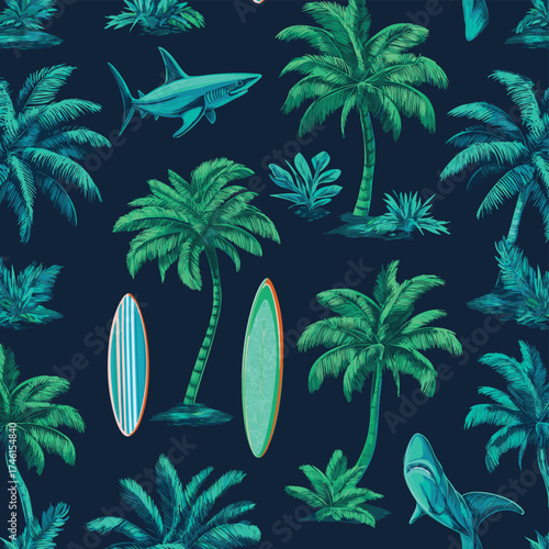 Summer seamless pattern design. Palm tree, surfboard, shark vector print. neon green blue background