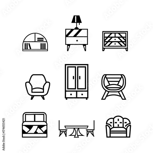 A cohesive collection of minimalist line art furniture icons