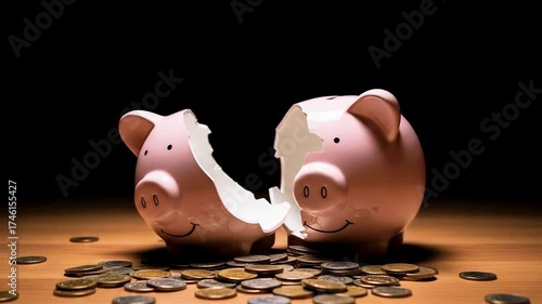 A broken piggy bank sits amid scattered coins, lit against a black background