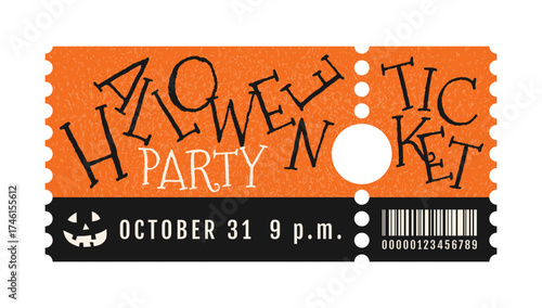 Halloween party ticket template. Holiday event admission, admit one. Festive scattered typography on orange background. Vector layout for themed events, promotions and entertainment.