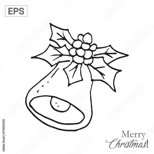 Christmas bell with holly berries, hand-drawn style